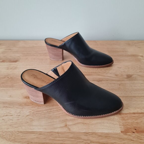 Madewell The Harper Mule Black Leather Almond Toe Block Heel Mules Sz 7 Slipon - Picture 4 of 9